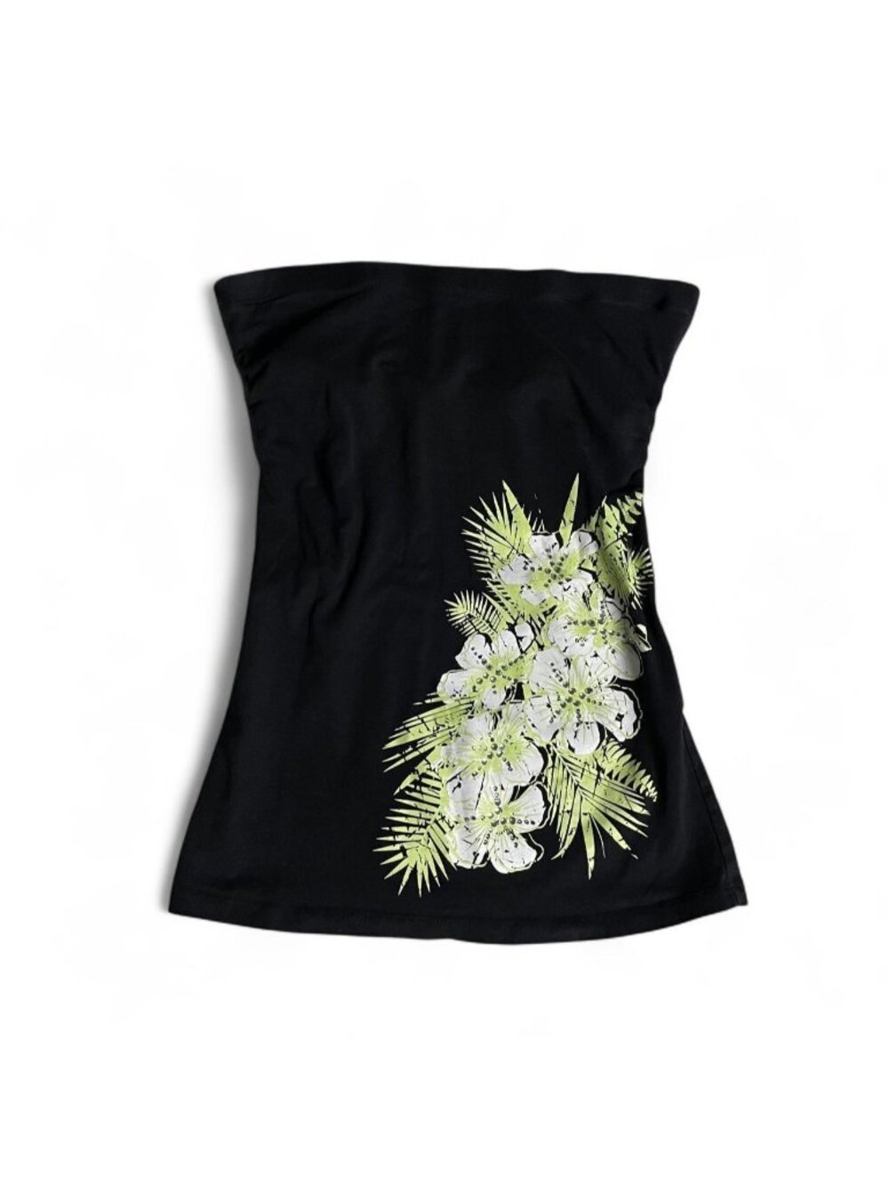 2000s Blue Crush black tube top with floral print and rhinestones